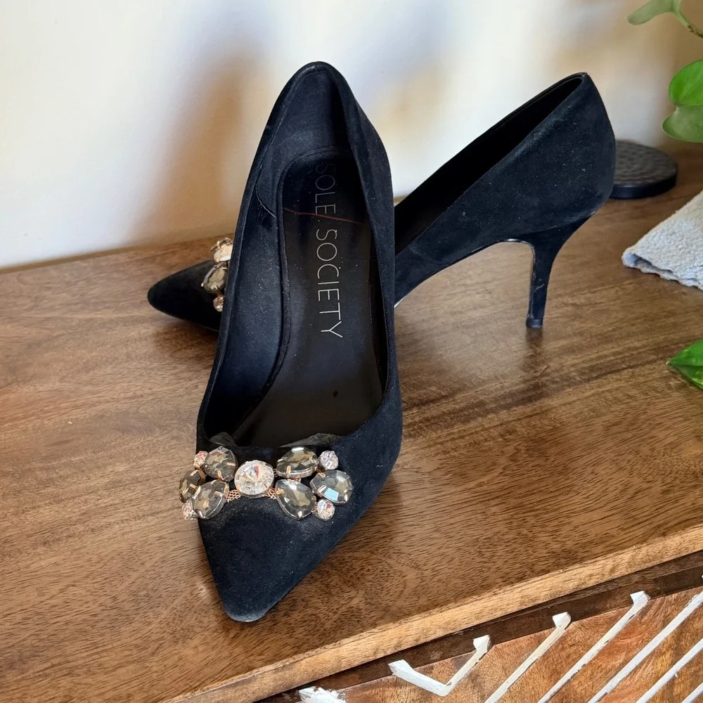 Sole Society Pump Womens 8 Black Crystal‎ Embellished Suede Pointed Toe Stiletto